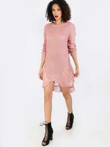Pink Ripped Long Sleeve High Low Sweater