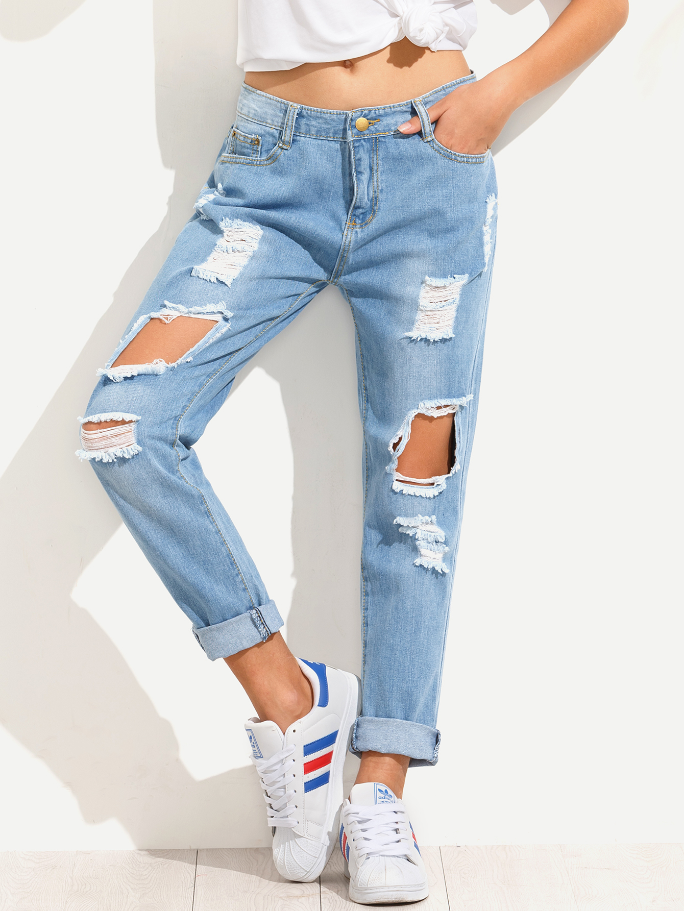 Blue Distressed Boyfriend Jeans EmmaClothWomen Fast Fashion Online