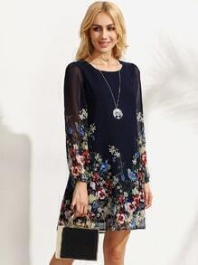 Multicolor Floral Print Long Sleeve Chiffon Dress