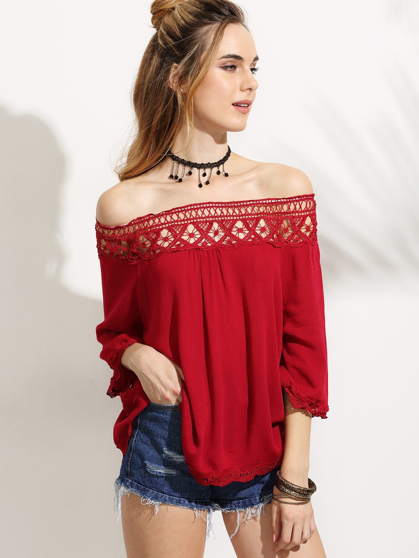 Red Crochet Insert Off The Shoulder Top EmmaClothWomen Fast Fashion Online
