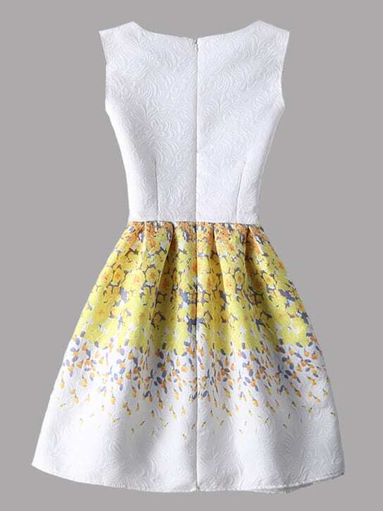 Yellow Flower Print Fit and Flare Jacquard Dress EmmaCloth-Women Fast Fashion Online