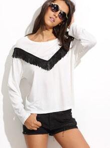 White Fringe Trim Long Sleeve T-shirt