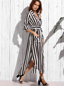 Contrast Vertical Striped Notch Lapel Belted Shirt Dress