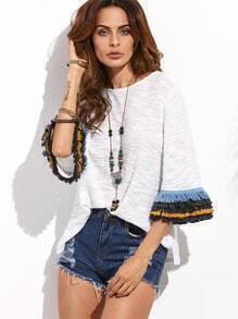 Beige Fringe Cuff Bell Sleeve T-shirt