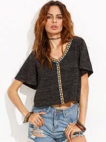 Black Appliques V Neck Short Sleeve Crop T-shirt