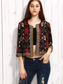 Black Flower Print Outerwear With Embroidered Tape Detail