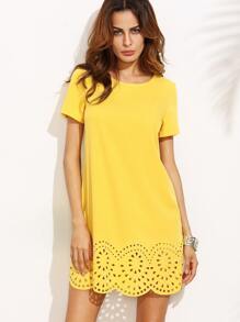 Yellow Short Sleeve Hollow Hem Shift Dress