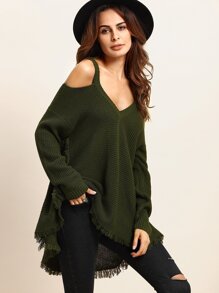 Army Green Cold Shoulder Long Sleeve Knitted T-shirt