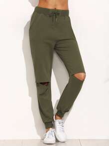 Army Green Tie Cut Out Knee Long Pants