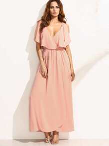 Pink Deep V Neck Ruffle Sleeveless Maxi Dress