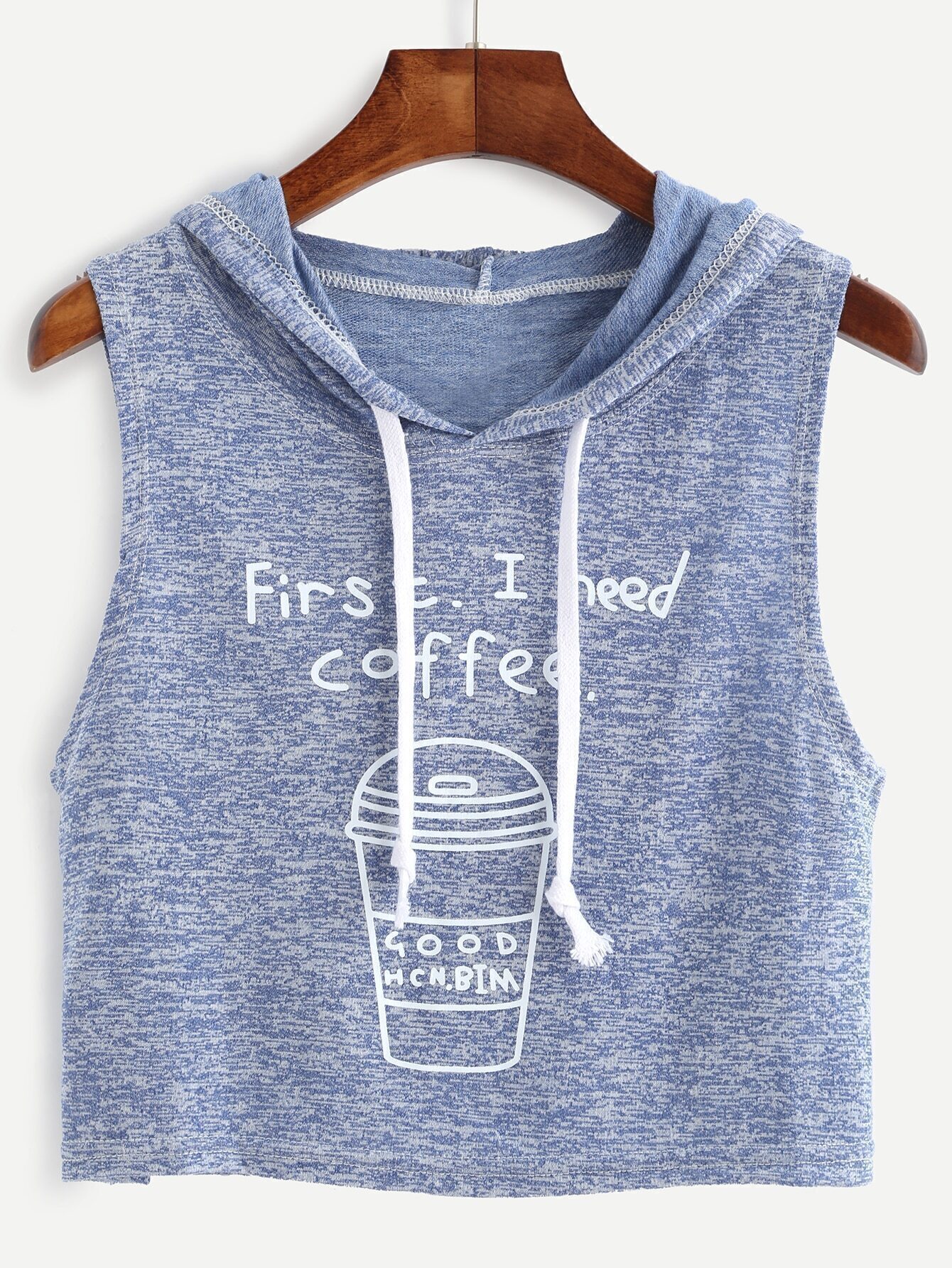Blue Marled Knit Coffee Print Hooded Top Emmacloth blue marled knit coffee print hooded top emmacloth