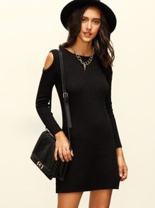 Black Knitted Cold Shoulder Long Sleeve Sheath Dress