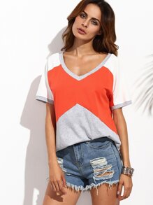 Color Block V Neck Short Sleeve T-Shirt