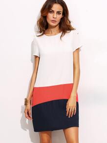 Color Block Round Neck Short Sleeve Shift Dress