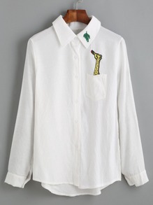 White Giraffe Embroidered Dip Hem Shirt