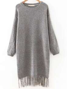 Grey Drop Shoulder Marled Knit Tassel Hemline Sweater Dress