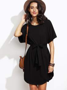 Black Dolman Sleeve Self Tie Curved Hem Dress
