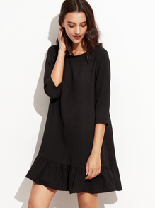 Black 3/4 Sleeve Ruffle Hem A Line Dress