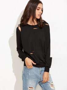 Black Long Sleeve Distressed Sweatshirt