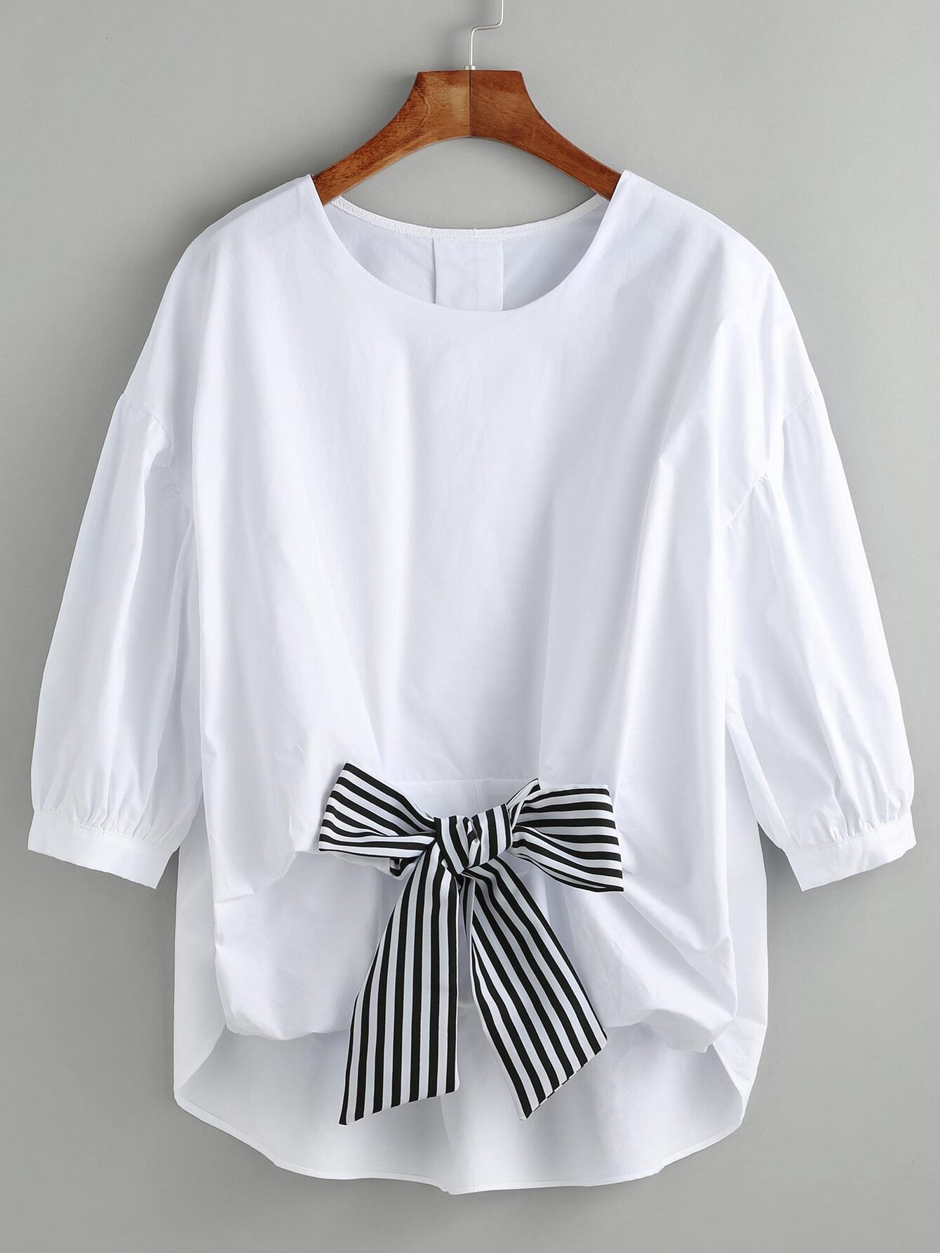 White High Low Blouse With Contrast Bow EmmaCloth-Women Fast Fashion Online