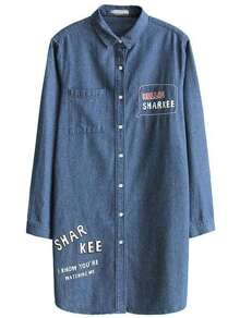Blue Letter Print Single Breasted Long Denim Coat
