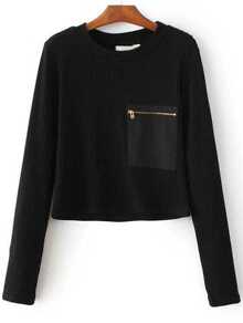Black Zipper Pocket Ribbed Knit Sweater