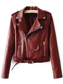 Brown Faux Leather Belted Moto Jacket With Zipper