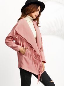 Pink Drop Shoulder Belted Oversized Fringe Collar Coat