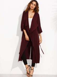 Burgundy Lapel Rolled Up Sleeve Split Long Outerwear