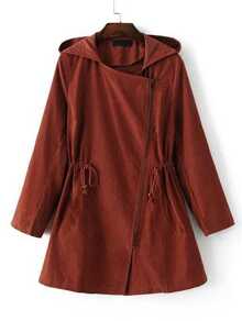 Brown Hooded Asymmetric Zipper Drawstring Outerwear