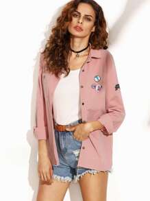 Pink Letter Print Shirt Jacket With Badge Detail