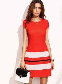 Red Striped Print Cap Sleeve A Line Dress