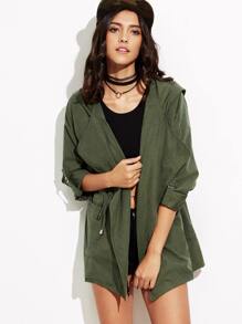 Army Green Drawstring Pockets Hooded Coat