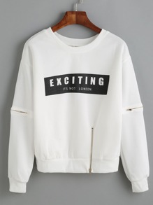 White Letter Print Zip Detail Sweatshirt