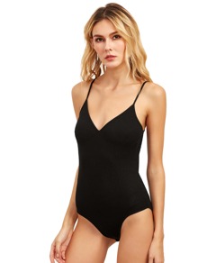 Black Spaghetti Strap V Neck Bodysuit