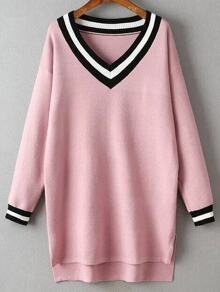 Pink Striped Trim Split Side Knit High Low Dress