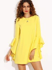 Yellow Crew Neck Ruffle Sleeve Shift Dress
