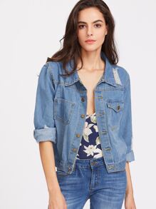 Blue Lapel Button Ripped Denim Jacket