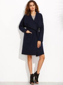 Navy Drop Shoulder Drape Collar Wrap Coat