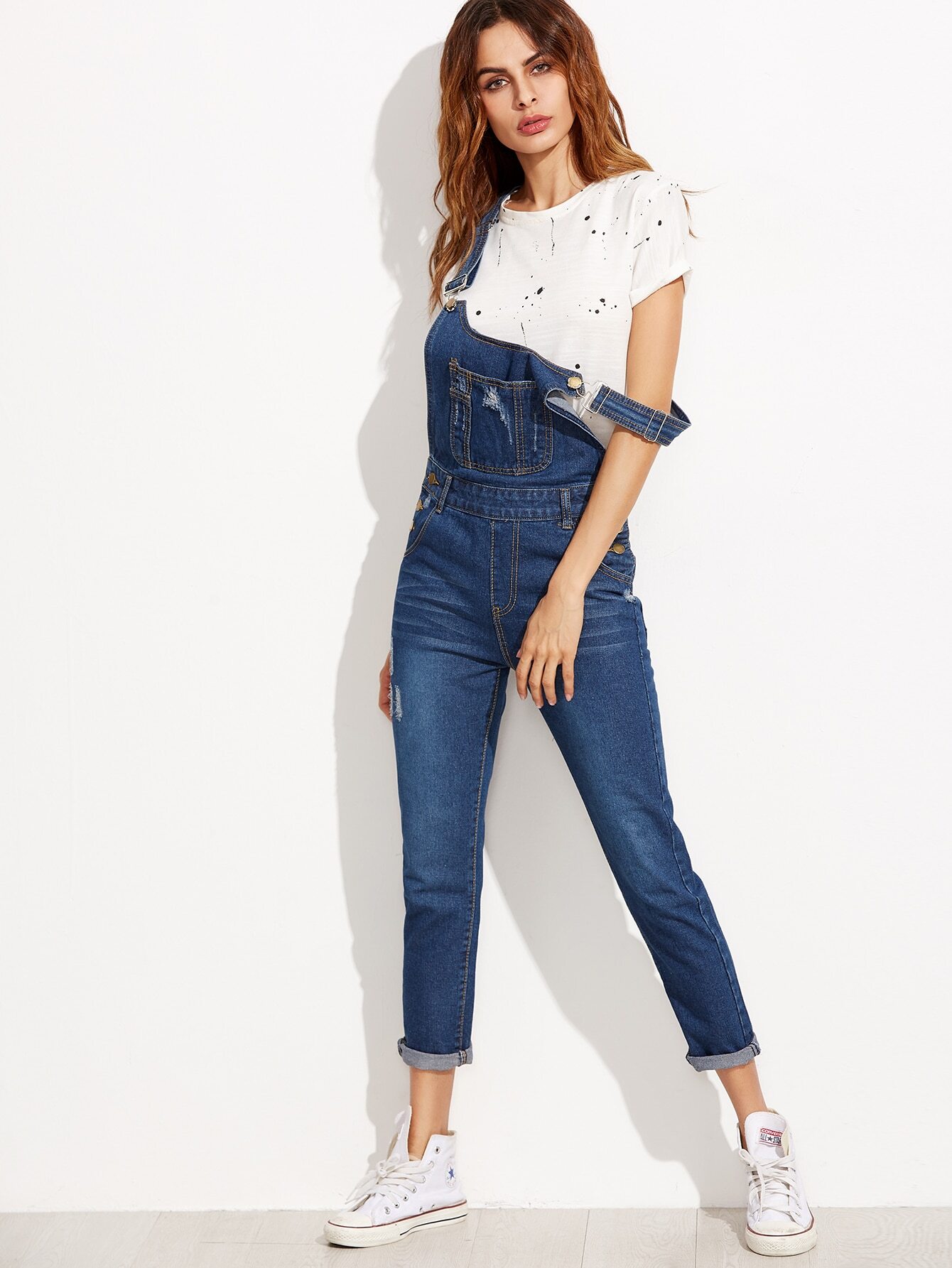 Blue Strap Ripped Overall Jeans With Pocket EmmaClothWomen Fast
