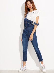 Blue Strap Ripped Overall Jeans With Pocket