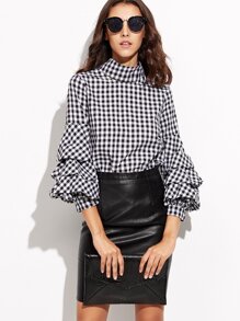 Black Gingham Cutout High Neck Billow Sleeve Top