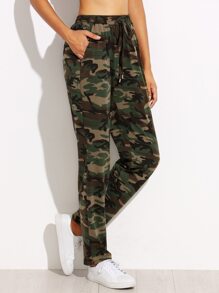 Olive Green Camo Print Drawstring Jersey Pants