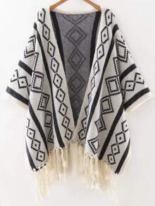 White Geometric Print Tassel Hemline Poncho Sweater