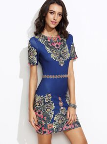 Blue Ornate Print Sheath Dress