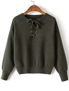Army Green Eyelet Lace Up Drop Shoulder Sweater