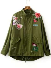 Army Green Embroidery Drawstring Coat With Zipper
