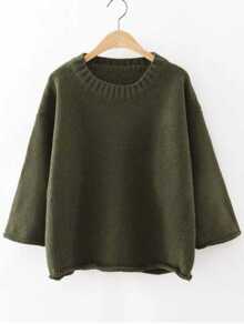 Army Green Round Neck Drop Shoulder Loose Sweater