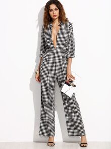 Black Gingham Band Collar Deep V Neck Jumpsuit