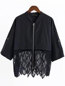 Black Elbow Sleeve Lace Trim Zipper Up Coat